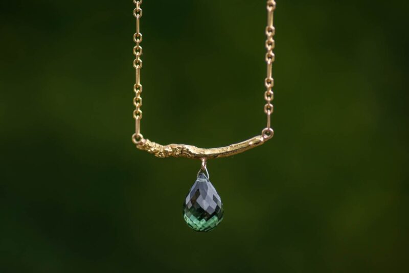 18k Gold Twig Necklace with Green Tourmaline