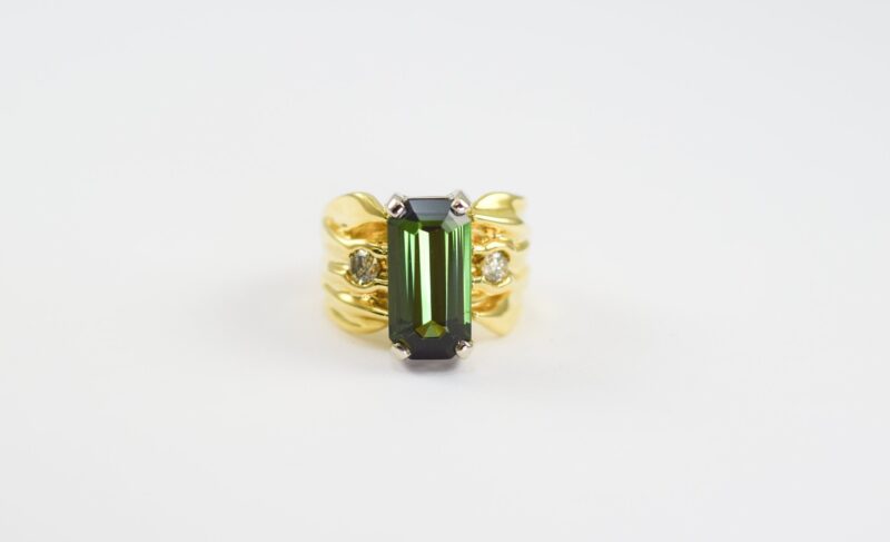 18K Yellow Gold and 14K White Gold Green Tourmaline, Diamond Wrinkle Ring