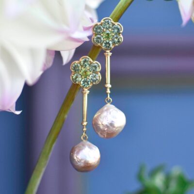 Big Pink Pearl and Demantoid Garnet Earrings