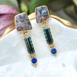 Opal, Indicolite Tourmaline and Blue Sapphire Earrings