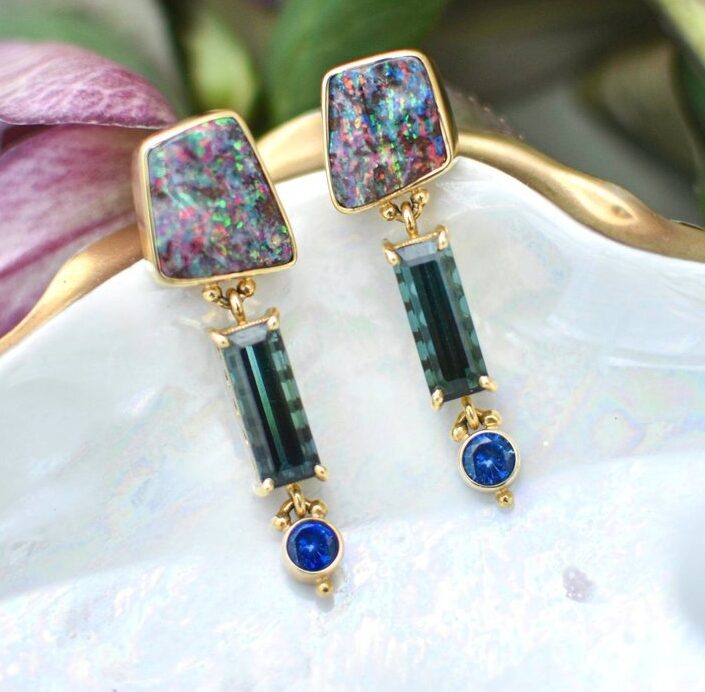 Opal, Indicolite Tourmaline and Blue Sapphire Earrings