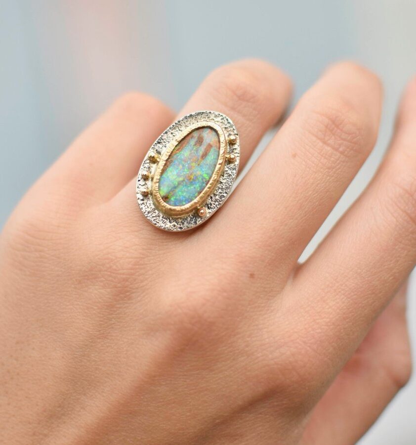 Australian Opal Black Diamond Ring - Fiorella – Sunday Island Jewelry