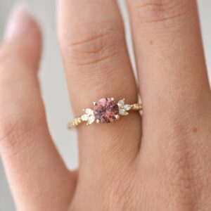 Rosy Zircon and Diamond Ring