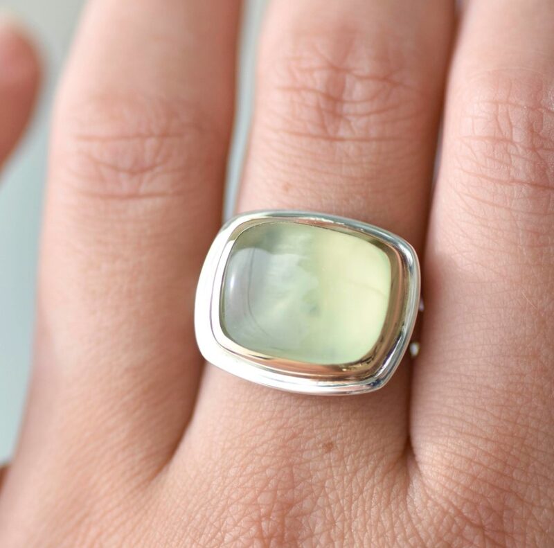 Sterling Silver and 14k Yellow Gold Prehnite Cabochon Ring