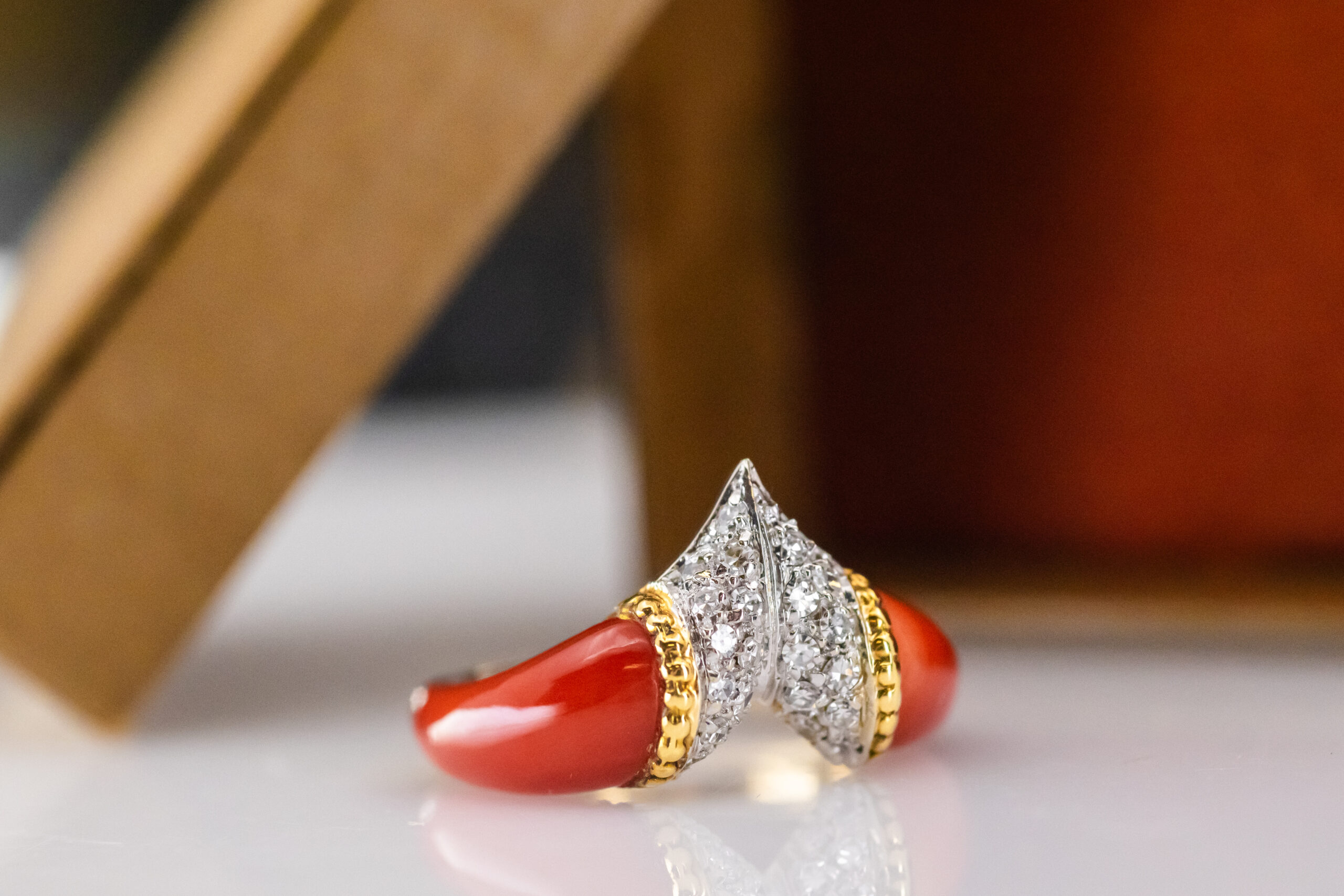 Ⓔ Coral & White Diamond V Ring - Image 2