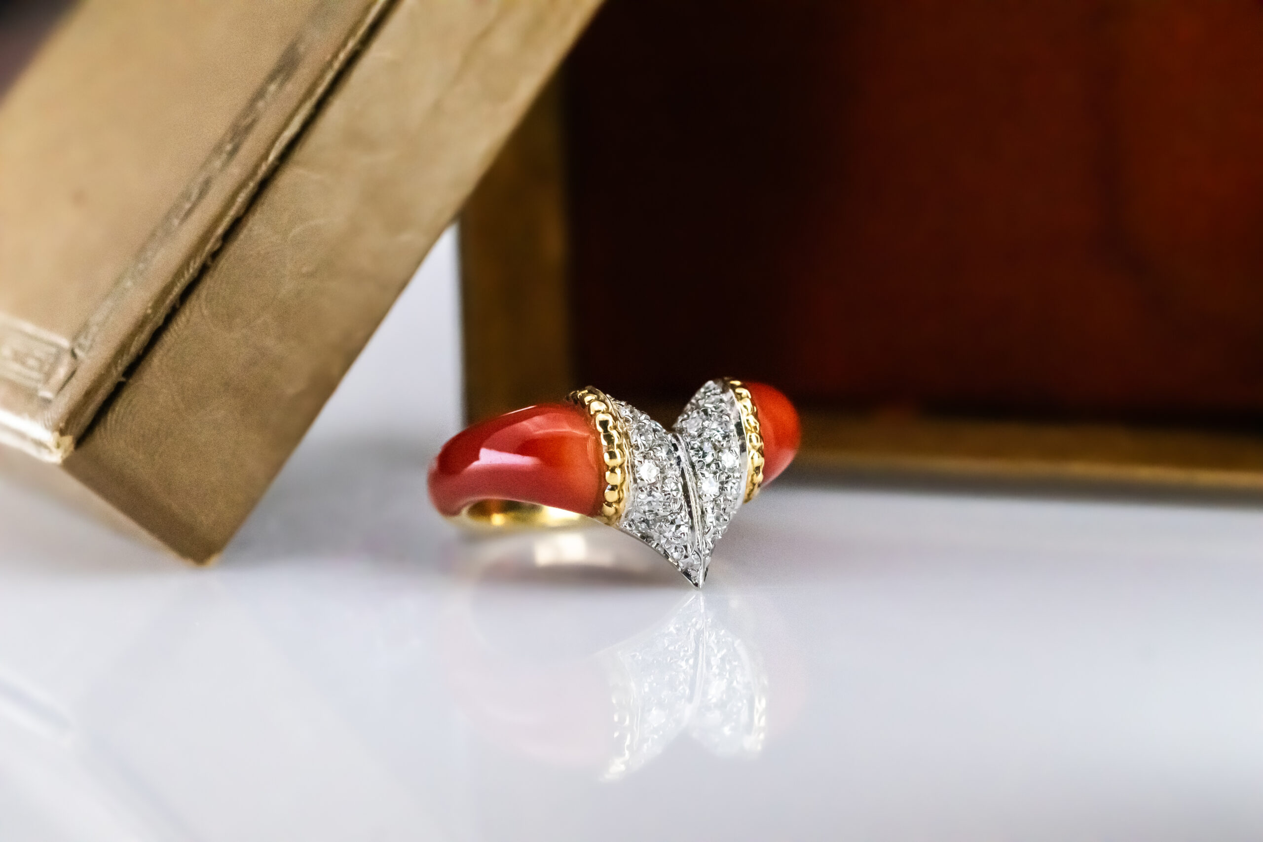 Ⓔ Coral & White Diamond V Ring - Image 3