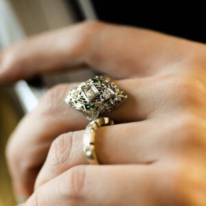 Ⓔ Emerald & Diamond Shield Ring