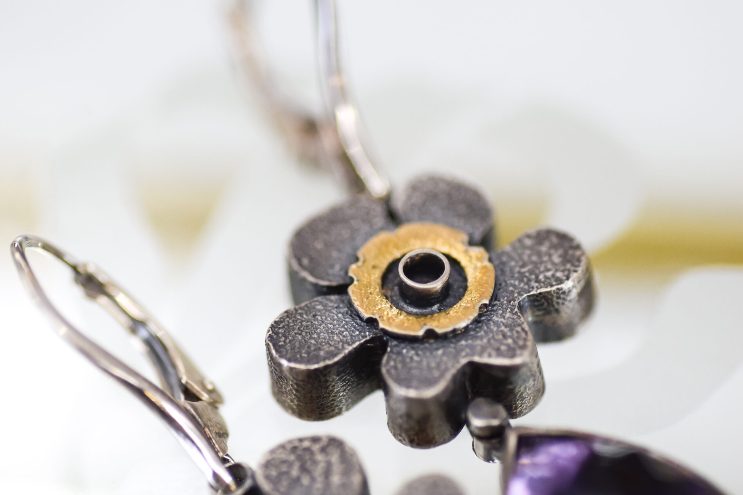 Mixed Metal Amethyst Flower Earrings - Image 2