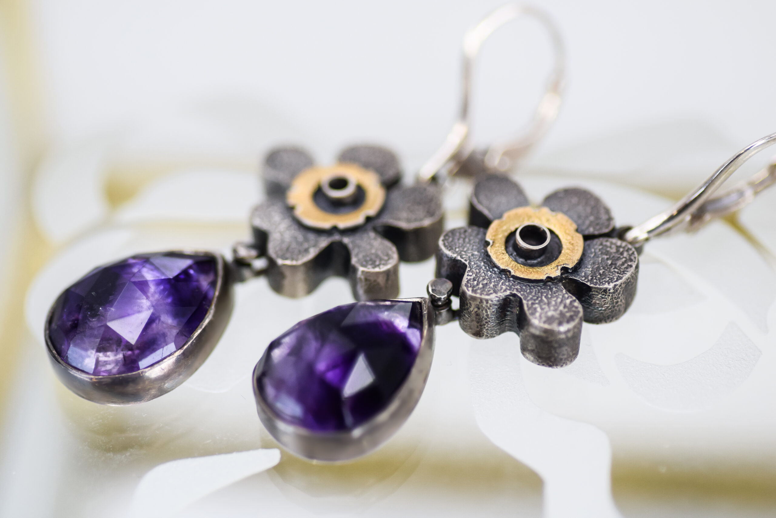 Mixed Metal Amethyst Flower Earrings