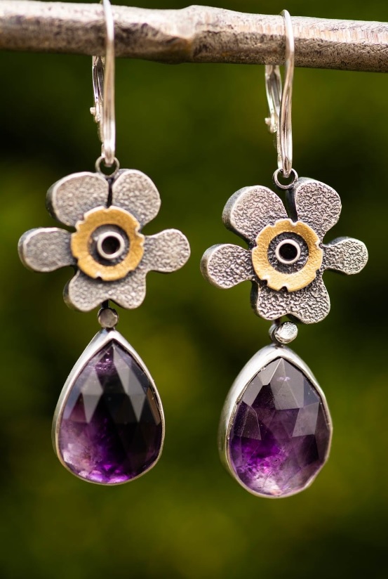 Mixed Metal Amethyst Flower Earrings - Image 4