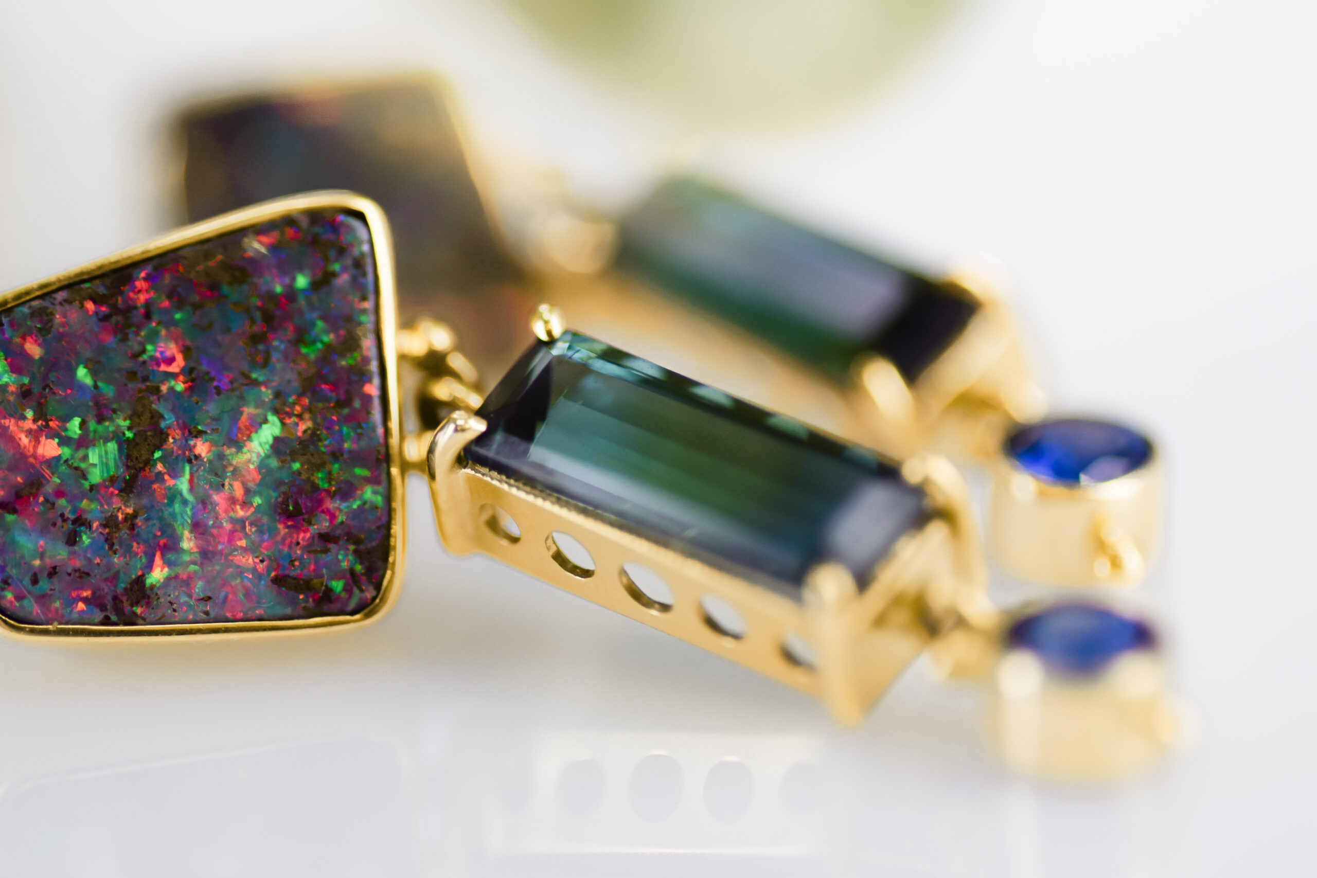 Opal, Indicolite Tourmaline, and Blue Sapphire Earrings - Image 2