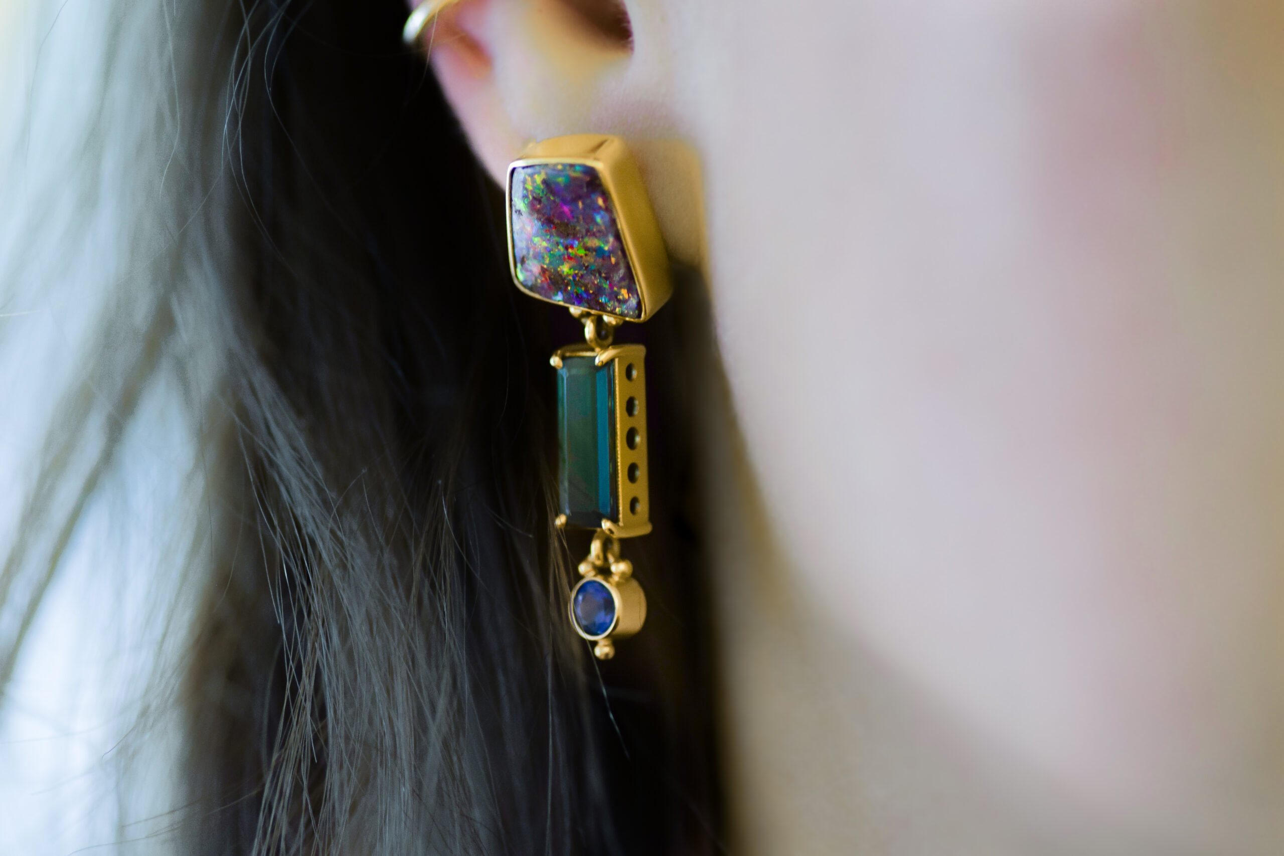 Opal, Indicolite Tourmaline, and Blue Sapphire Earrings - Image 5