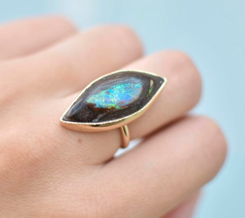 14k Yellow Gold Opalized Wood Ring