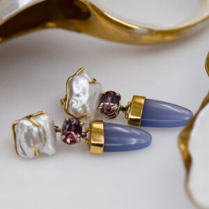 Baroque Pearl, Rosy Zircon, and Blue Chalcedony Earrings