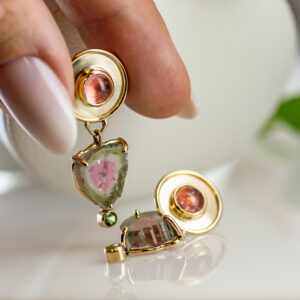 Short Watermelon Tourmaline Cairn Earrings